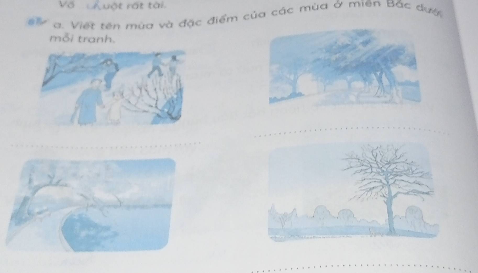 Vố Kuột rất tài. 
a. Việt tên mùa và đặc điểm của các mùa ở miền Bắc đướ 
mỗi tranh.