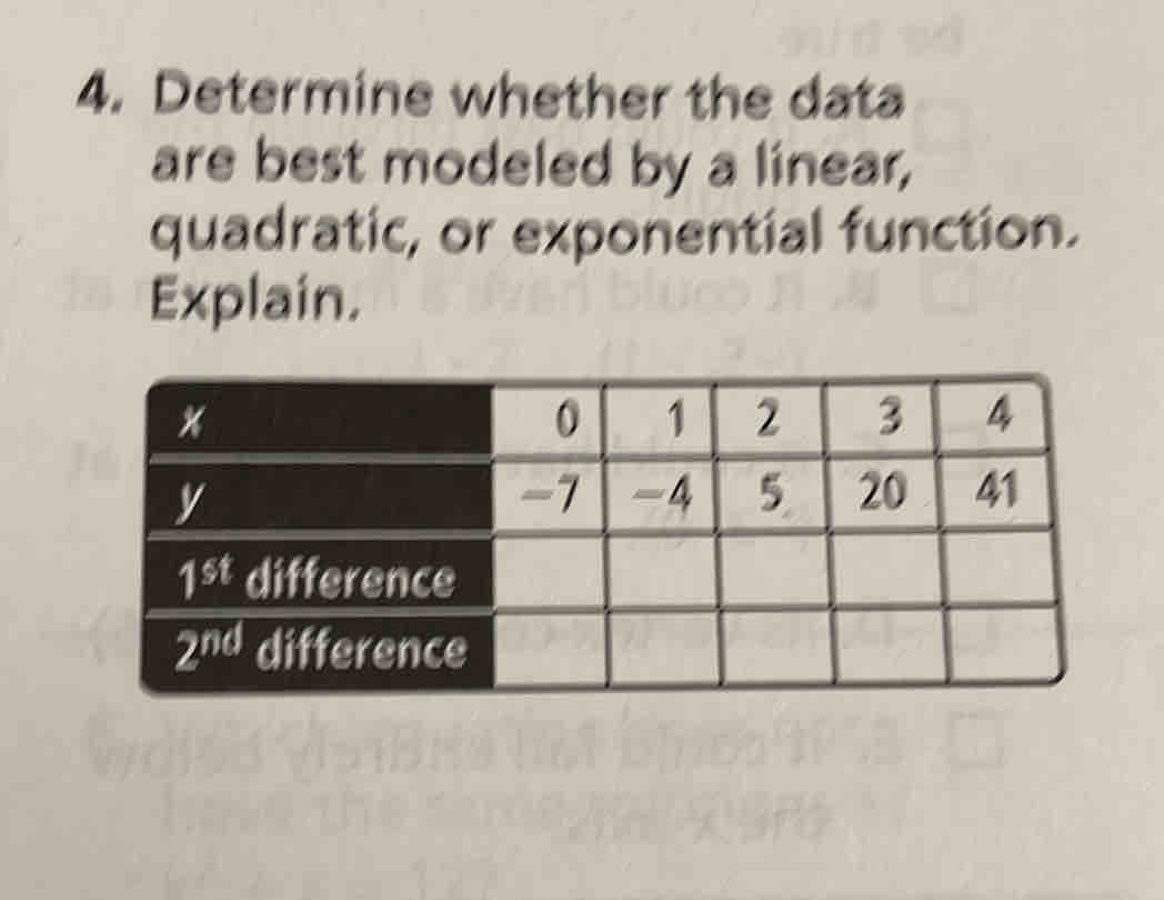 Determine whether the data
are best modeled by a linear,
quadratic, or exponential function.
Explain.