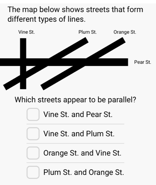 The map below shows streets that form
different types of lines.
Which streets appear to be parallel?
Vine St. and Pear St.
Vine St. and Plum St.
Orange St. and Vine St.
Plum St. and Orange St.