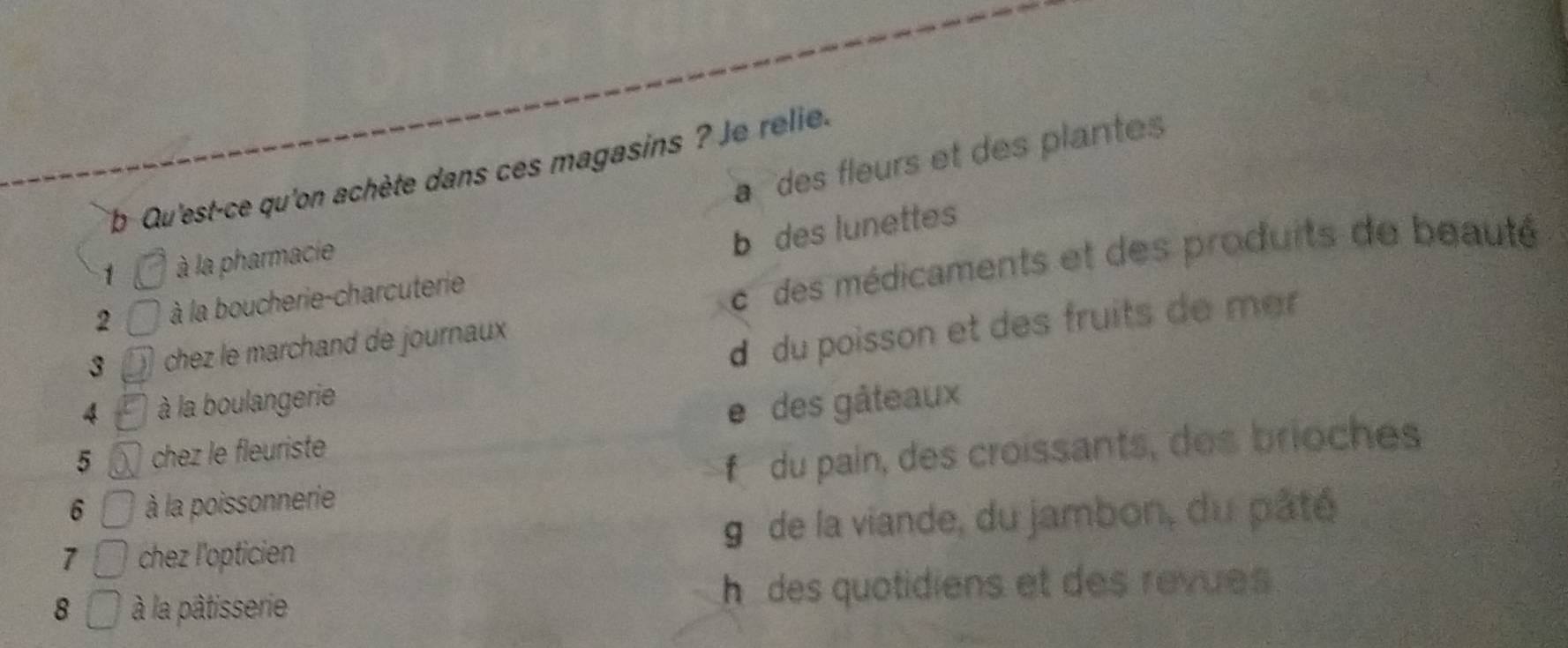 a des fleurs et des plantes
Tp-Qu'est-ce qu'on achète dans ces magasins ? Je relie.
b des lunettes
1 à la pharmacie
2 à la boucherie-charcuterie
c des médicaments et des produits de beauté
3 chez le marchand de journaux
d du poisson et des fruits de mer
4 à la boulangerie
5 chez le fleuriste e des gâteaux
6 à la poissonnerie f du pain, des croissants, des brioches
7 chez l'opticien g de la viande, du jambon, du pâté
8 à la pâtisserie h des quotidiens et des revues