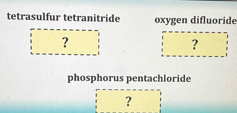 tetrasulfur tetranitride oxygen difluoride 
? 
? 
phosphorus pentachloride 
?