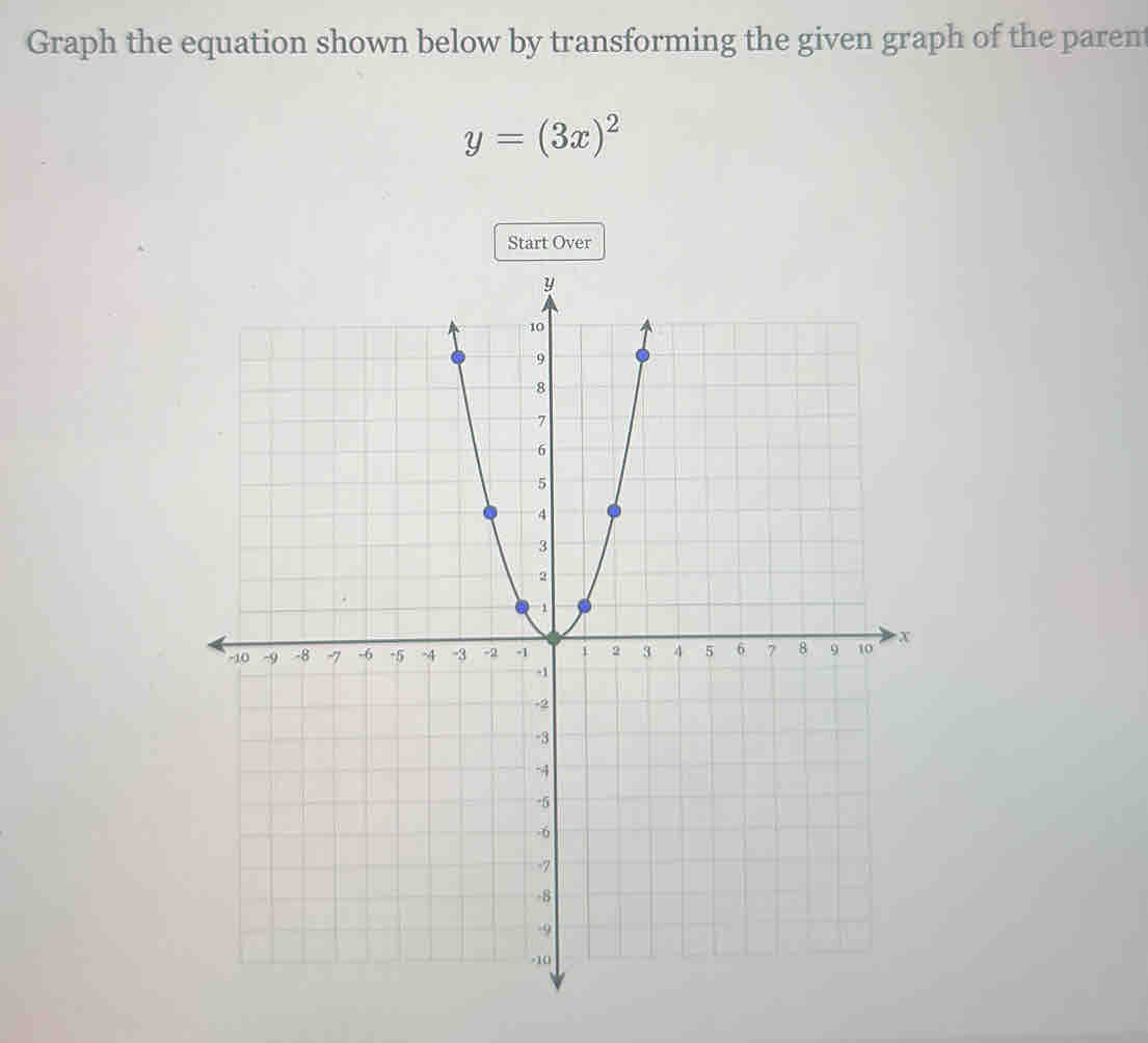 Graph the equation shown below by transforming the given graph of the parent
y=(3x)^2
Start Over