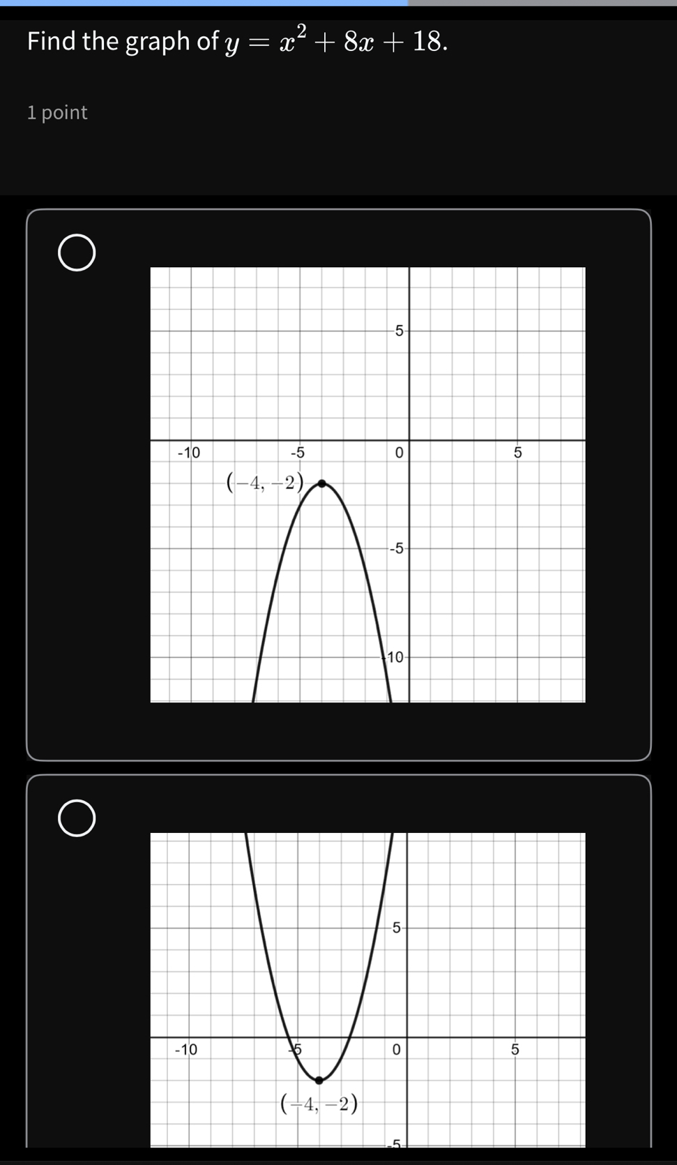 Solved: Find the graph of y=x^2+8x+18. 1 point [Math]