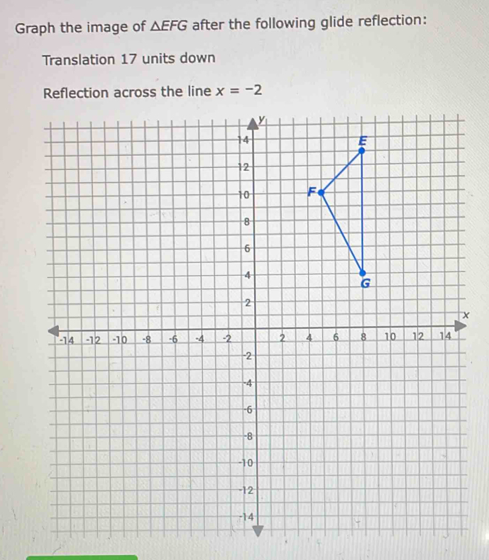 Graph the image of △ EFG after the following glide reflection: 
Translation 17 units down 
Reflection across the line x=-2
x