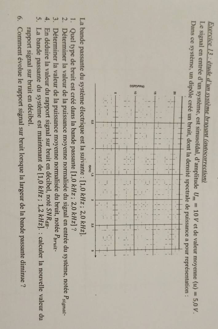 étude d'un système bruyant (autocorrection) 
Le signal en entrée d'un système, est sinusoïdal, d'amplitude U_m=10V et de valeur moyenne langle urangle =5,0V. 
Dans ce système, un dipôle créé un bruit, dont la densité spectrale de puissance a pour représentation : 
La bande passante du système électrique est la suivante : [1,0kHz;2,0kHz]. 
1. Quel type de bruit est créé dans la bande passante [1,0kHz;2,0kHz] ? 
2. Déterminer la valeur de la puissance moyenne normalisée du signal en entrée du système, notée P_si ignal· 
3. Déterminer la valeur de la puissance moyenne normalisée du bruit, notée P_bruit. 
4. En déduire la valeur du rapport signal sur bruit en décibel, noté SNR_dB. 
5. La bande passante du système est maintenant de [1,0kHz;1,2kHz] ]. : calculer la nouvelle valeur du 
rapport signal sur bruit en décibel. 
6. Comment évolue le rapport signal sur bruit lorsque la largeur de la bande passante diminue ?