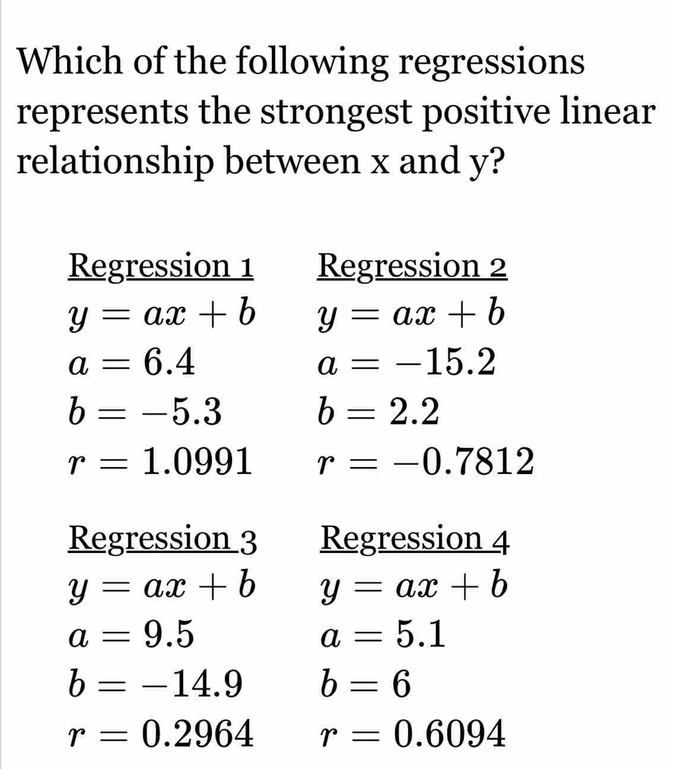 Which of the following regressions
represents the strongest positive linear
relationship between x and y?
Regression 1 Regression 2
y=ax+b y=ax+b
a=6.4
a=-15.2
b=-5.3
b=2.2
r=1.0991 r=-0.7812
Regression 3 Regression 4
y=ax+b y=ax+b
a=9.5
a=5.1
b=-14.9
b=6
r=0.2964 r=0.6094