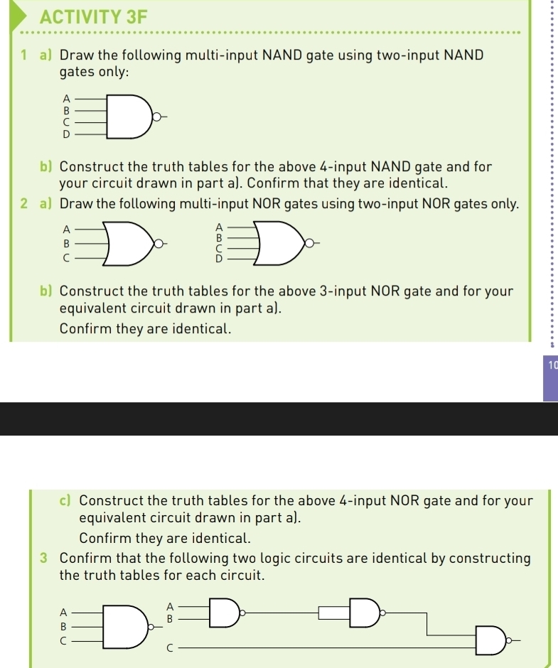 ACTIVITY 3F 
1 a) Draw the following multi-input NAND gate using two-input NAND 
gates only: 
A 
B 
C 
D 
b) Construct the truth tables for the above 4 -input NAND gate and for 
your circuit drawn in part a). Confirm that they are identical. 
2 a) Draw the following multi-input NOR gates using two-input NOR gates only. 
b) Construct the truth tables for the above 3 -input NOR gate and for your 
equivalent circuit drawn in part a). 
Confirm they are identical. 
10 
c) Construct the truth tables for the above 4 -input NOR gate and for your 
equivalent circuit drawn in part a). 
Confirm they are identical. 
3 Confirm that the following two logic circuits are identical by constructing 
the truth tables for each circuit.