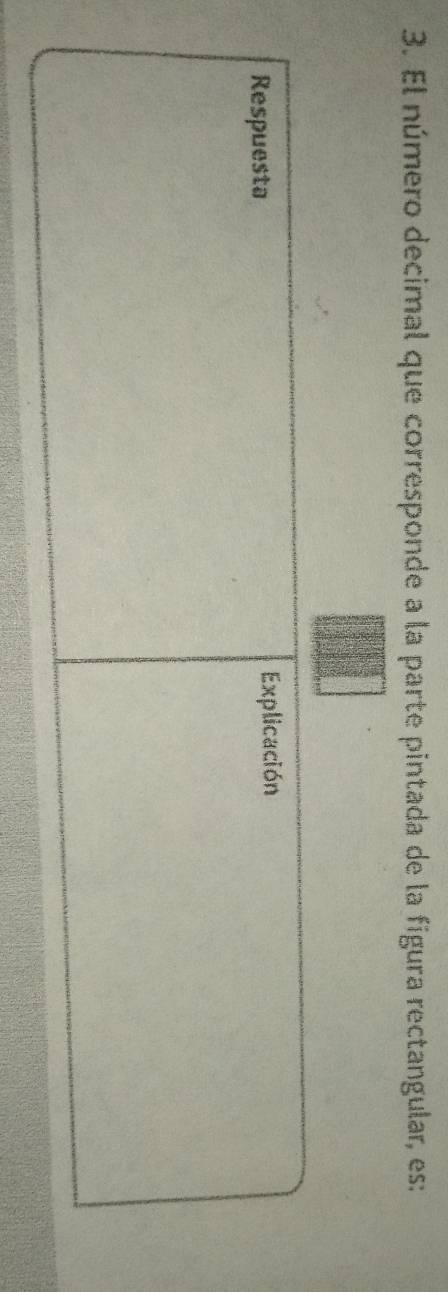 El número decimal que corresponde a la parte pintada de la figura rectangular, es: 
Respuesta Explicación