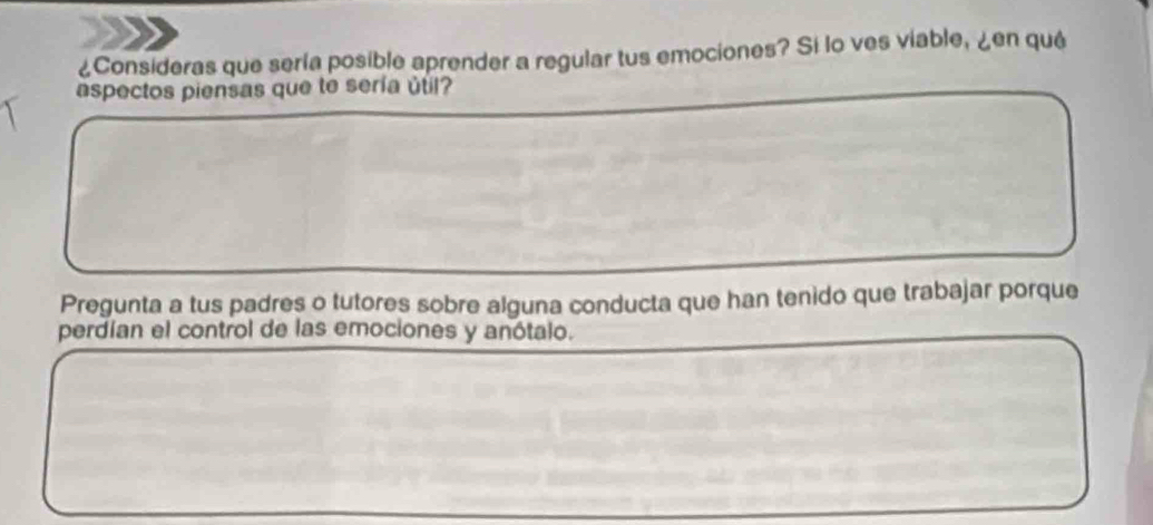 ¿Consideras que sería posible aprender a regular tus emociones? Si lo ves viable, ¿en qué 
aspectos piensas que te sería útil? 
Pregunta a tus padres o tutores sobre alguna conducta que han tenido que trabajar porque 
perdían el control de las emociones y anótalo.