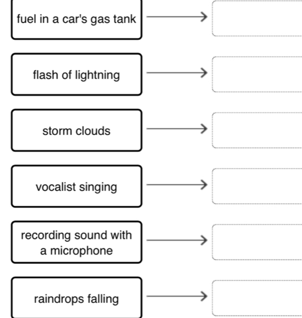 fuel in a car's gas tank
flash of lightning
storm clouds
vocalist singing
recording sound with
a microphone
raindrops falling