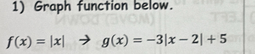 Graph function below.
f(x)=|x|to g(x)=-3|x-2|+5