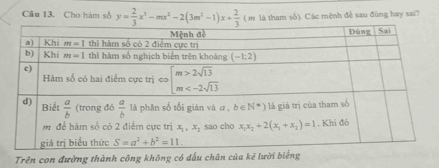 Cho hàm số y= 2/3 x^3-mx^2-2(3m^2-1)x+ 2/3  ( m là tham số). Các mệnh đề sau đúng hay sai?
Trên con đường thành công không có dấu chân của kẻ lười biếng