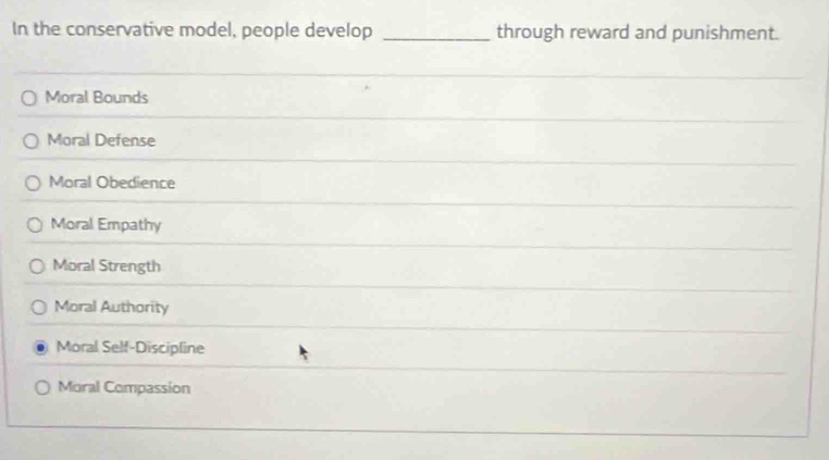 In the conservative model, people develop _through reward and punishment.
Moral Bounds
Moral Defense
Moral Obedience
Moral Empathy
Moral Strength
Moral Authority
Moral Self-Discipline
Moral Compassion