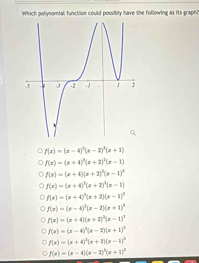 Which polynomial function could possibly have the following as its graph?
f(x)=(x-4)^2(x-2)^3(x+1)
f(x)=(x+4)^3(x+2)^2(x-1)
f(x)=(x+4)(x+2)^2(x-1)^3
f(x)=(x+4)^2(x+2)^3(x-1)
f(x)=(x+4)^3(x+2)(x-1)^2
f(x)=(x-4)^2(x-2)(x+1)^3
f(x)=(x+4)(x+2)^3(x-1)^2
f(x)=(x-4)^3(x-2)(x+1)^2
f(x)=(x+4)^2(x+2)(x-1)^3
f(x)=(x-4)(x-2)^3(x+1)^2