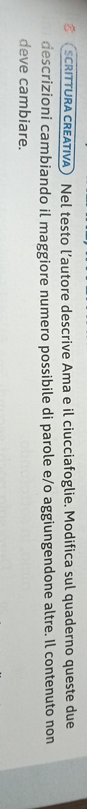 SCRITTURA CREÁTIVA) Nel testo l’autore descrive Ama e il ciucciafoglie. Modifica sul quaderno queste due 
descrizioni cambiando il maggiore numero possibile di parole e/o aggiungendone altre. Il contenuto non 
deve cambiare.