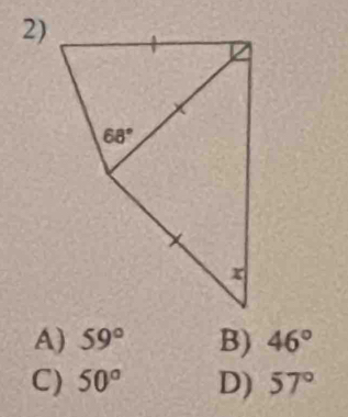 A) 59° B) 46°
C) 50° D) 57°