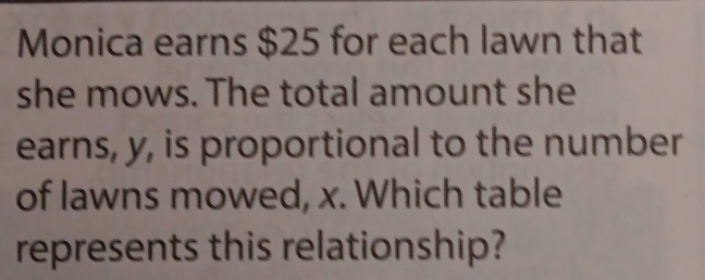 Monica earns $25 for each lawn that 
she mows. The total amount she 
earns, y, is proportional to the number 
of lawns mowed, x. Which table 
represents this relationship?