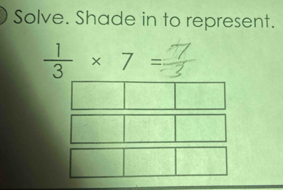 Solve. Shade in to represent.
 1/3 * 7=