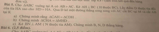 đơn vj). lộc sih 1ớp 67? (làm tròn kết quả đên hàng 
Bài 5. Cho △ ABC vuông tại A có AB>AC. Kẻ AH⊥ BC ( H thuộc BC). Lấy điểm D thuộc tia đổi 
của tia HA sao cho HD=HA. Qua D kẻ một đường thẳng song song với AC cắt BC tại M và cắt AB
tại K 
a) Chứng minh rằng △ CAH=△ CDH. 
b) Chứng minh △ CHA=△ MHD. 
c) Kẻ BN⊥ AM ( N thuộc tia AM). Chứng minh B, N, D thằng hàng. 
Bài 6. . (2,5 điểm).