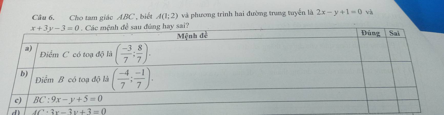 Cho tam giác ABC , biết A(1;2) và phương trình hai đường trung tuyến là 2x-y+1=0 và
d) 4C· 3x-3y+3=0