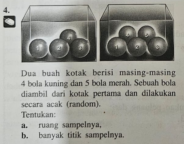 Dua buah kotak berisi masing-masing
4 bola kuning dan 5 bola merah. Sebuah bola 
diambil dari kotak pertama dan dilakukan 
secara acak (random). 
Tentukan: 
a. ruang sampelnya, 
b. banyak titik sampelnya.