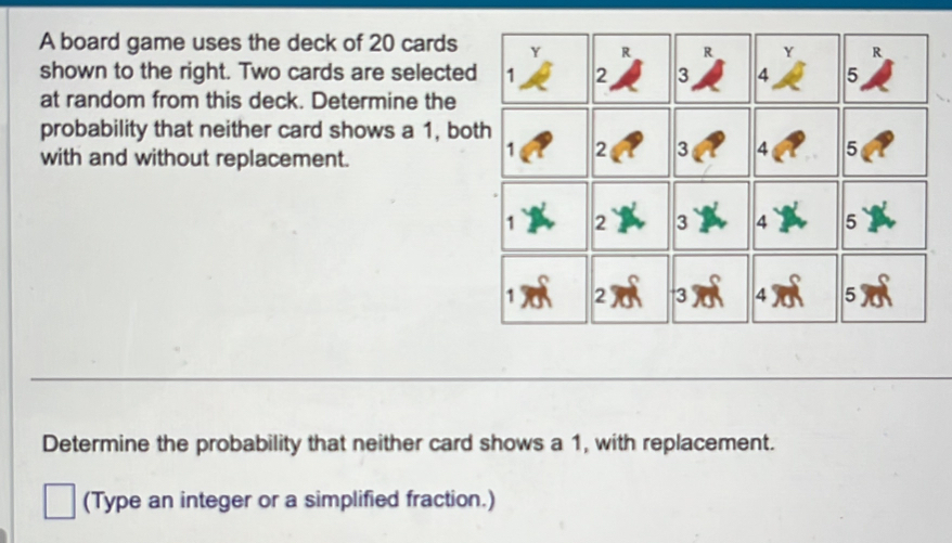 A board game uses the deck of 20 cards 
shown to the right. Two cards are selecte 
at random from this deck. Determine the 
probability that neither card shows a 1, bo 
with and without replacement. 
Determine the probability that neither card shows a 1, with replacement. 
(Type an integer or a simplified fraction.)