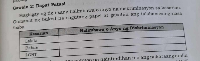 pags 
Gawain 2: Dapat Patas! 
Magbigay ng tig-iisang halimbawa o anyo ng diskriminasyon sa kasarian. 
Gumamit ng bukod na sagutang papel at gayahin ang talahanayang nasa 
toto o na n