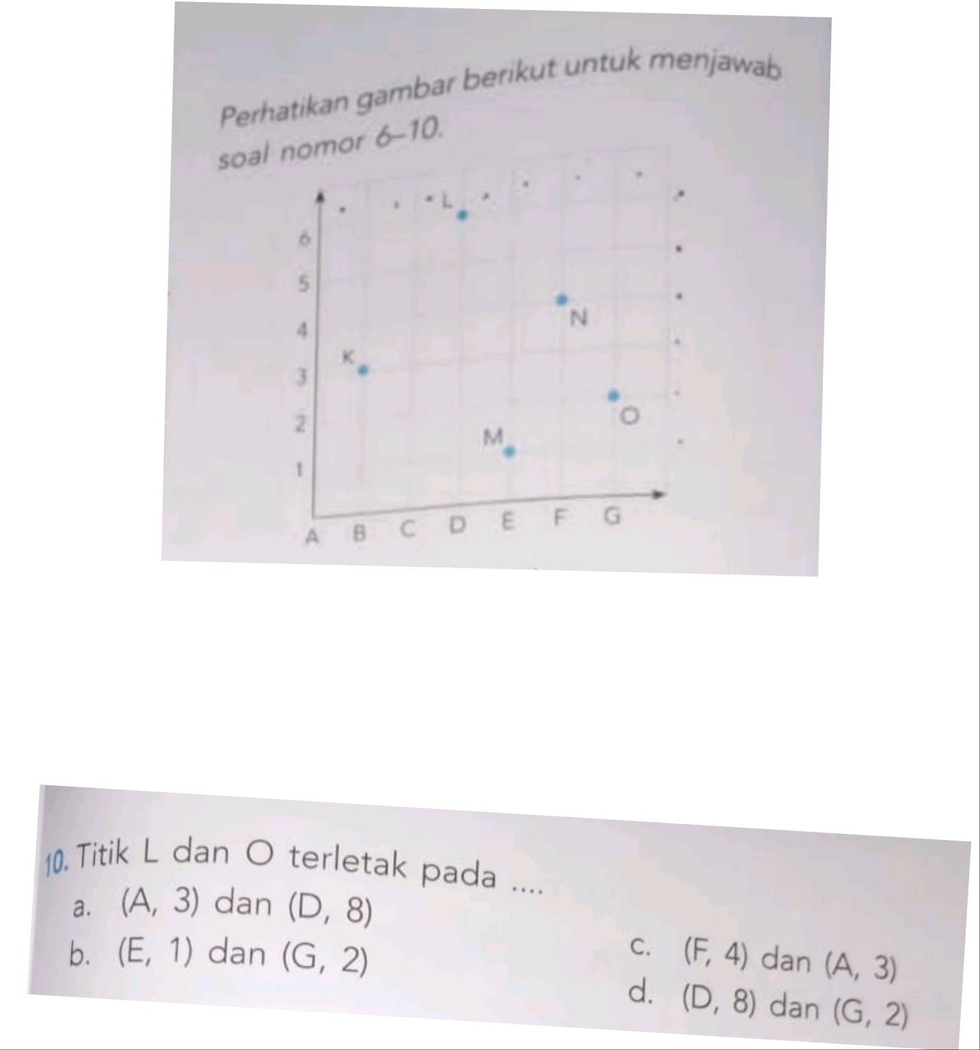 Perhatikan gambar berikut untuk menjawab
soal nomor 6-10. 
10 Titik L dan O terletak pada ....
a. (A,3) dan (D,8)
C.
b. (E,1) dan (G,2) (F,4) dan (A,3)
d. (D,8) dan (G,2)