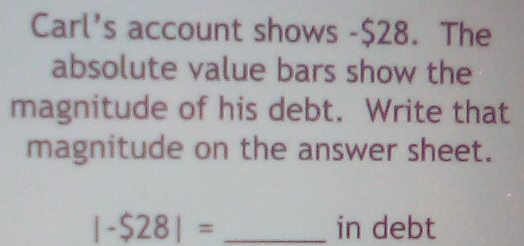 Carl's account shows -$28. The 
absolute value bars show the 
magnitude of his debt. Write that 
magnitude on the answer sheet.
|-$28|= _in debt