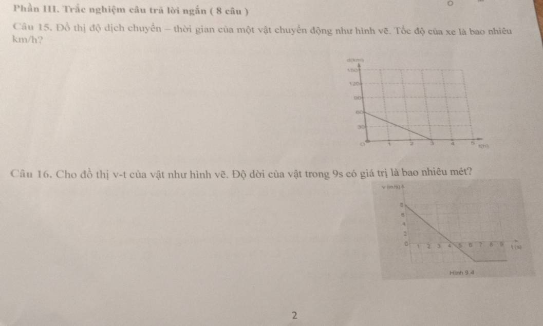Phần III. Trắc nghiệm câu trã lời ngắn ( 8 câu ) 
Câu 15. Đồ thị độ dịch chuyển - thời gian của một vật chuyển động như hình vẽ. Tổc độ của xe là bao nhiêu
km/h? 
Câu 16. Cho đồ thị v-t của vật như hình vẽ. Độ dời của vật trong 9s có 
2