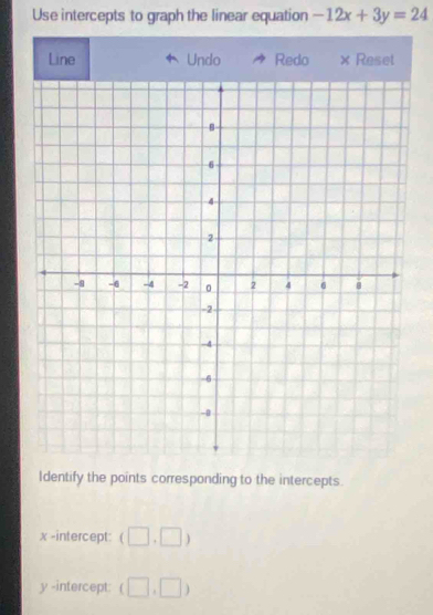Use intercepts to graph the linear equation -12x+3y=24
Line Undo Redo × Reset 
ldentify the points corresponding to the intercepts.
x -intercept: (□ ,□ )
y -intercept: (□ ,□ )