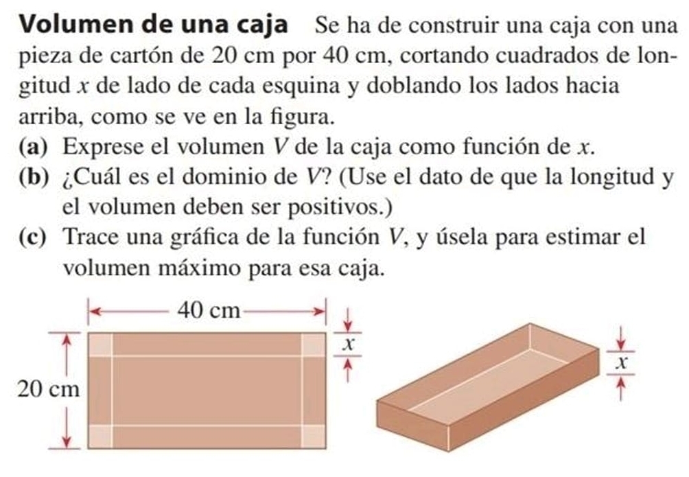 Volumen de una caja Se ha de construir una caja con una 
pieza de cartón de 20 cm por 40 cm, cortando cuadrados de lon- 
gitud x de lado de cada esquina y doblando los lados hacia 
arriba, como se ve en la figura. 
(a) Exprese el volumen V de la caja como función de x. 
(b) ¿Cuál es el dominio de V? (Use el dato de que la longitud y
el volumen deben ser positivos.) 
(c) Trace una gráfica de la función V, y úsela para estimar el 
volumen máximo para esa caja.