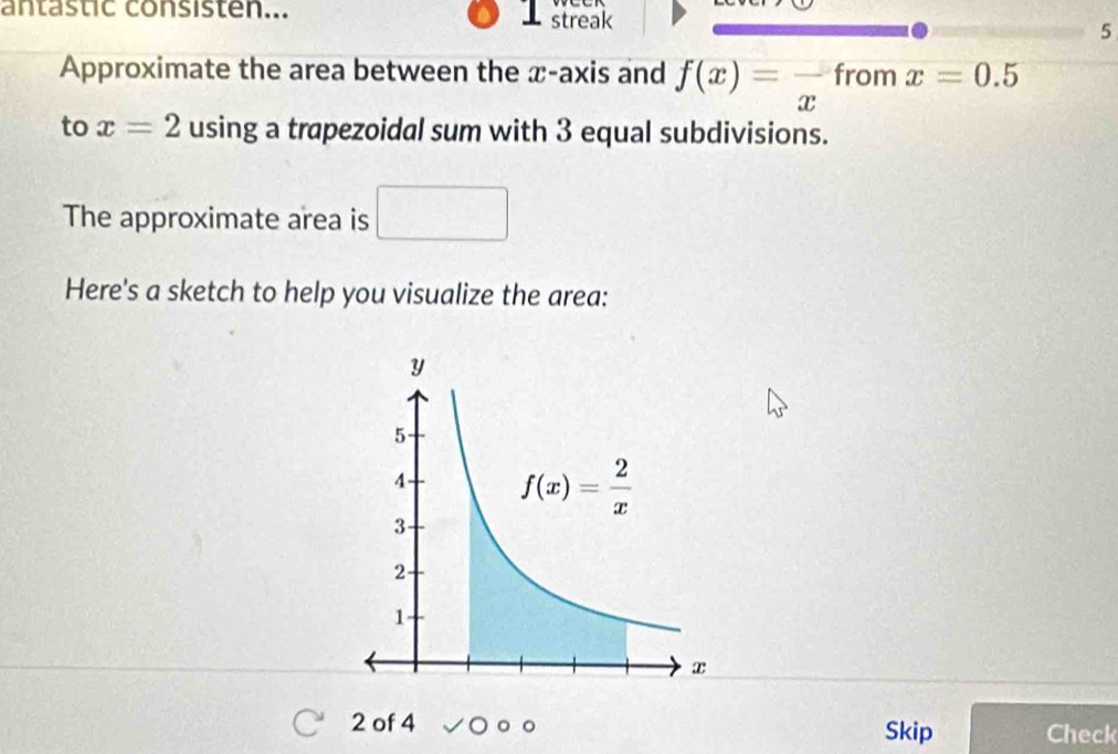 antastic consisten... streak 5
Approximate the area between the x-axis and f(x)=frac x from x=0.5
to x=2 using a trapezoidal sum with 3 equal subdivisions.
The approximate area is □
Here's a sketch to help you visualize the area:
2 of 4 Skip Check