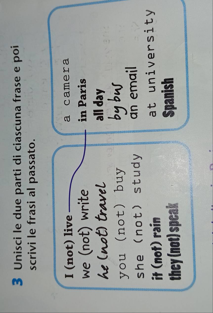 Unisci le due parti di ciascuna frase e poi
scrivi le frasi al passato.
I (not) live a camera
we (not) write in Paris
he (not) travel
all day
you (not) buy bybw
she (not) study an email
it (not) rain at university
they (not) speak
Spanish