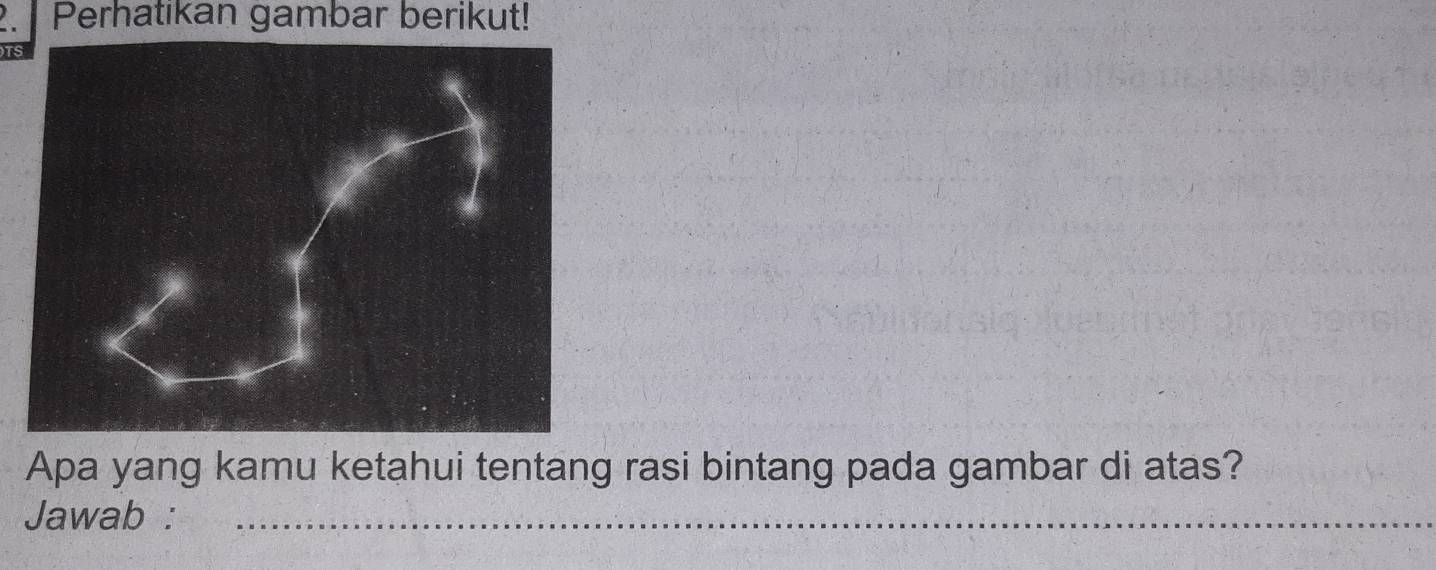 Perhatikan gambar berikut! 
TS 
Apa yang kamu ketahui tentang rasi bintang pada gambar di atas? 
Jawab :