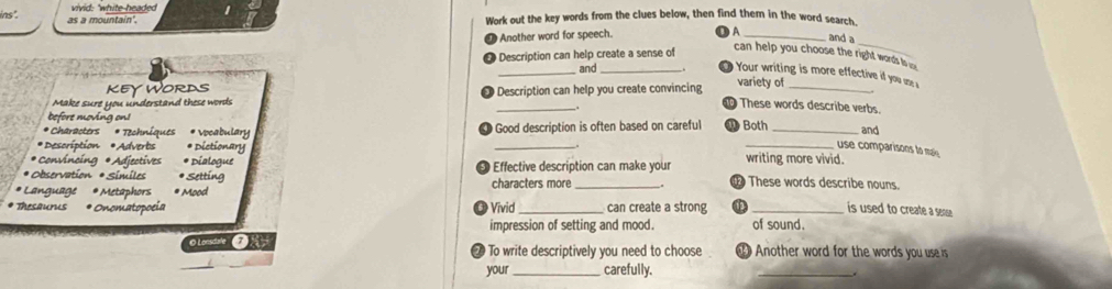 ins'. vivid: "white-headed 
Work out the key words from the clues below, then find them in the word search. 
Another word for speech. 
A _and a 
Description can help create a sense of 
_ 
can help you choose the right words is u 
and_ 
Your writing is more effective i you mn 
KEYWORDS 
Make sure you understand these words Description can help you create convincing variety of_ 
These words describe verbs. 
before moving on! 
_ 
* Characters * Techníques * Vocabulary Good description is often based on careful Both _and 
use comparisons to maie 
* Description * Adverbs * Dictionary writing more vivid. 
*Convincing *Adjectives * Dialogue 
* Observation * Símiles Setting Effective description can make your These words describe nouns. 
''Language'' Metaphors * Mood characters more 
Thesaurus * Onomatopocia Vivid can create a strong is used to create a sense 
impression of setting and mood. of sound. 
O Lonsdate ⑦ To write descriptively you need to choose Another word for the words you use i 
your carefully.