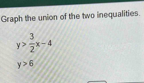 Graph the union of the two inequalities.
y> 3/2 x-4
y>6