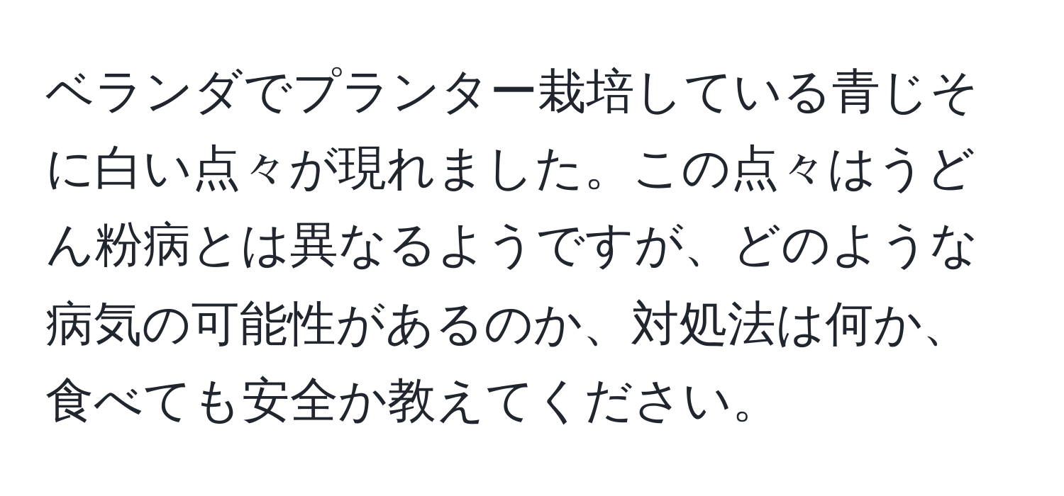 ベランダでプランター栽培している青じそに白い点々が現れました。この点々はうどん粉病とは異なるようですが、どのような病気の可能性があるのか、対処法は何か、食べても安全か教えてください。