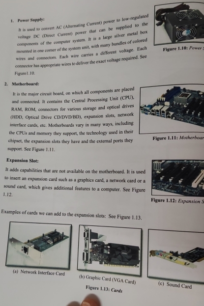 Power Supply:
It is used to convert AC (Alternating Current) power to low-regulated
voltage DC (Direct Current) power that can be supplied to the
components of the computer system. It is a large silver metal box
mounted in one corner of the system unit, with many bundles of colored
wires and connectors. Each wire carries a different voltage. Each Figure 1.10: Power
connector has appropriate wires to deliver the exact voltage required. See
Figure 1 . 10.
2. Motherboard:
It is the major circuit board, on which all components are placed
and connected. It contains the Central Processing Unit (CPU),
RAM, ROM, connectors for various storage and optical drives
(HDD, Optical Drive CD/DVD/BD), expansion slots, network
interface cards, etc. Motherboards vary in many ways, including
the CPUs and memory they support, the technology used in their
chipset, the expansion slots they have and the external ports they Figure 1.11: Motherboar
support. See Figure 1,11.
Expansion Slot:
It adds capabilities that are not available on the motherboard. It is used
to insert an expansion card such as a graphics card, a network card or a
sound card, which gives additional features to a computer. See Figure
1.12.
Figure 1.12: Expansion S
Examples of cards we can add to the expansion slots: See Figure 1.13.
(a) Network Interface Card
(b) Graphic Card (VGA Card) (c) Sound Card
Figure 1.13: Cards