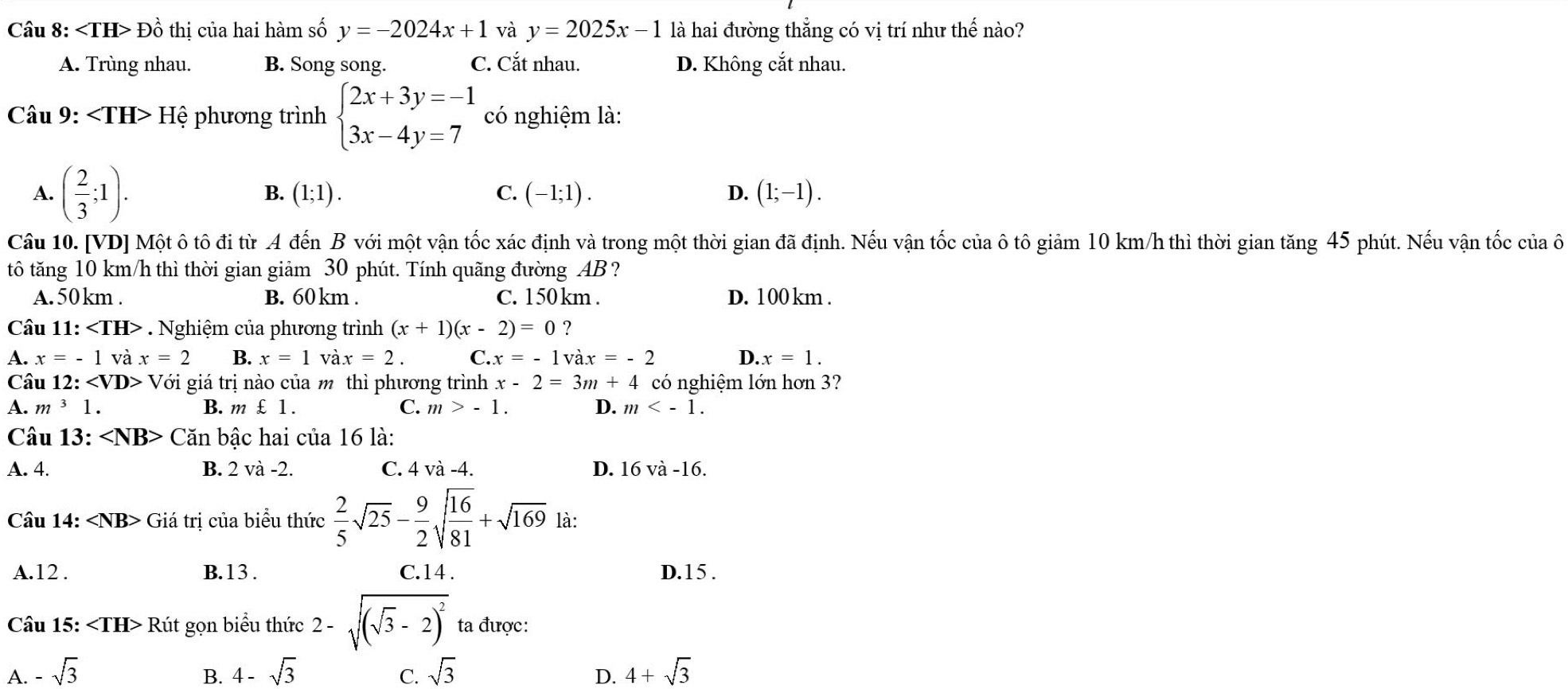 Đồ thị của hai hàm số y=-2024x+1 và y=2025x-1 là hai đường thẳng có vị trí như thế nào?
A. Trùng nhau. B. Song song. C. Cắt nhau. D. Không cắt nhau.
Câu 9: Hệ phương trình beginarrayl 2x+3y=-1 3x-4y=7endarray. có nghiệm là:
A. ( 2/3 ;1).
B. (1;1). C. (-1;1). D. (1;-1).
Câu 10. [VD] Một ô tô đi từ A đến B với một vận tốc xác định và trong một thời gian đã định. Nếu vận tốc của ô tô giảm 10 km/h thì thời gian tăng 45 phút. Nếu vận tốc của ô
tô tăng 10 km/h thì thời gian giảm 30 phút. Tính quãng đường AB?
A. 50 km . B. 60 km . C. 150 km . D. 100 km .
Câu 11: . Nghiệm của phương trình (x+1)(x-2)=0 ?
A. x=-1 và x=2 B. x=1 vax=2. C. x=-1vax=-2 D. x=1.
Câu 12: Với giá trị nào của m thì phương trình x-2=3m+4 có nghiệm lớn hơn 3?
A. m^31. B. m £1. C. m>-1. D. m
Câu 13: Căn bậc hai của 16 là:
A. 4. B. 2 và n C. 4 và -4. D. 16va-16.
Câu 14:∠ NB> Giá trị của biểu thức  2/5 sqrt(25)- 9/2 sqrt(frac 16)81+sqrt(169) là:
A.12 . B.13. C.14. D.15 .
Câu 15: Rút gọn biểu thức 2-sqrt((sqrt 3)-2)^2 ta được:
A. -sqrt(3) B. 4-sqrt(3) C. sqrt(3) 4+sqrt(3)
D.