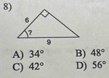 A) 34° B) 48°
C) 42° D) 56°