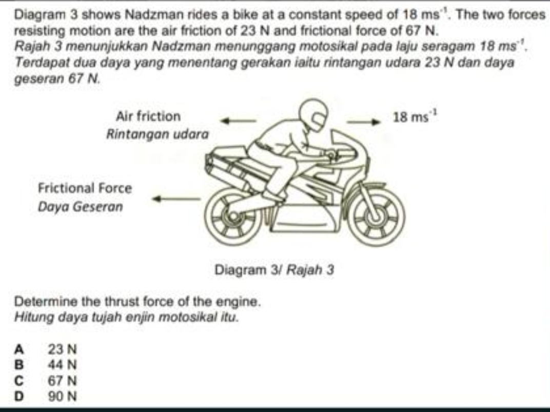 Diagram 3 shows Nadzman rides a bike at a constant speed of 18ms^(-1). The two forces
resisting motion are the air friction of 23 N and frictional force of 67 N.
Rajah 3 menunjukkan Nadzman menunggang motosikal pada laju seragam 18ms^(-1).
Terdapat dua daya yang menentang gerakan iaitu rintangan udara 23 N dan daya
geseran 67 N.
Determine the thrust force of the engine.
Hitung daya tujah enjin motosikal itu.
A 23 N
B 44 N
C 67 N
D 90 N