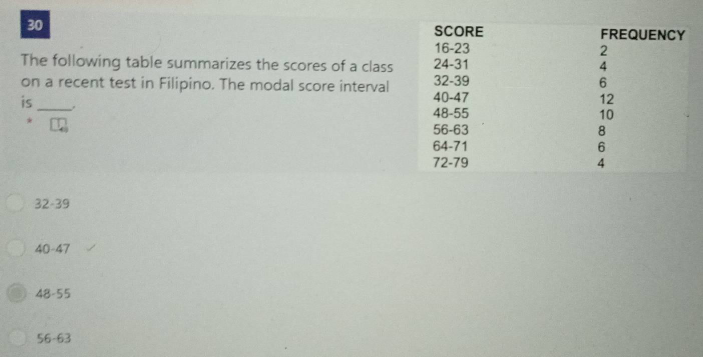 SCORE FREQUENCY
16-23 2
The following table summarizes the scores of a class 24 - 31 4
on a recent test in Filipino. The modal score interval 32-39 6
is_
40-47 12
*
48-55 10
56-63 8
64-71 6
72-79 4
32-39
40-47
48-55
56-63