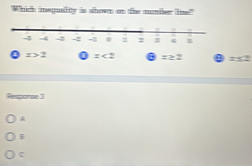 Which inequality is shown on the muniser lie"
x>2
a x<2</tex>
= a 3 2
as
Resporse 3
C