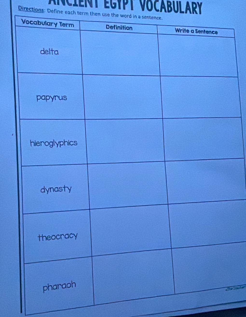 AnCiEnT EgypT VoCÁBULARy 
Directions: Define each term then use the word 
e reacher