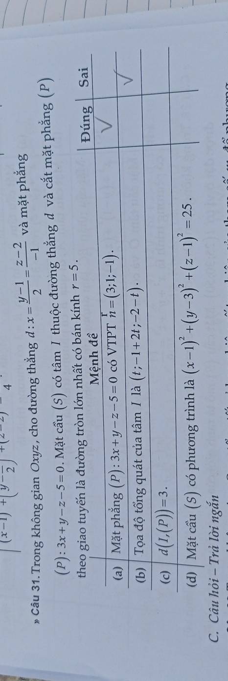 (x-1)+(y-frac 2)+(z-2)-4
» Câu 31. Trong không gian Oxyz, cho đường thẳng d:x= (y-1)/2 = (z-2)/-1  và mặt phẳng
(P) :3x+y-z-5=0 D. Mặt cầu (S) có tâm I thuộc đường thẳng đ và cắt mặt phẳng (P)
Câu hỏi - Trả lời ngắn