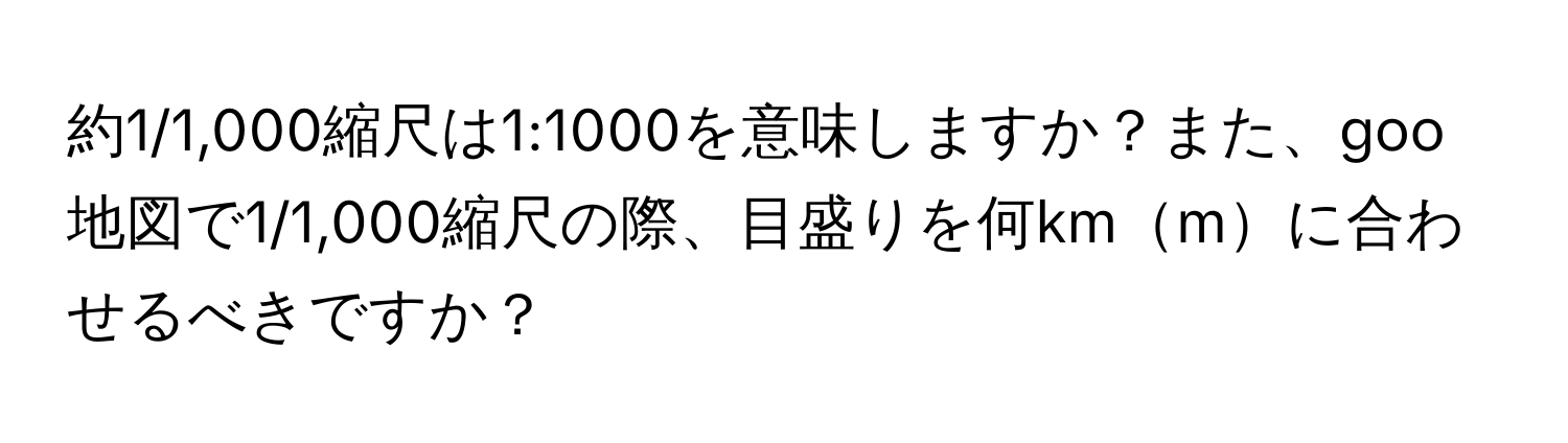 約1/1,000縮尺は1:1000を意味しますか？また、goo地図で1/1,000縮尺の際、目盛りを何kmmに合わせるべきですか？