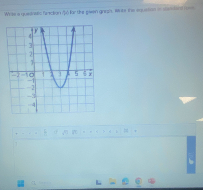 Write a quadratic function f(x) for the given graph. Write the equation in standard form.
 □ /□   0° sqrt(0) ( π