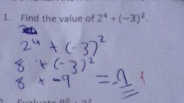 Find the value of 2^4+(-3)^2.