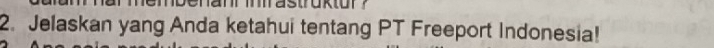 struktor ? 
2. Jelaskan yang Anda ketahui tentang PT Freeport Indonesia!